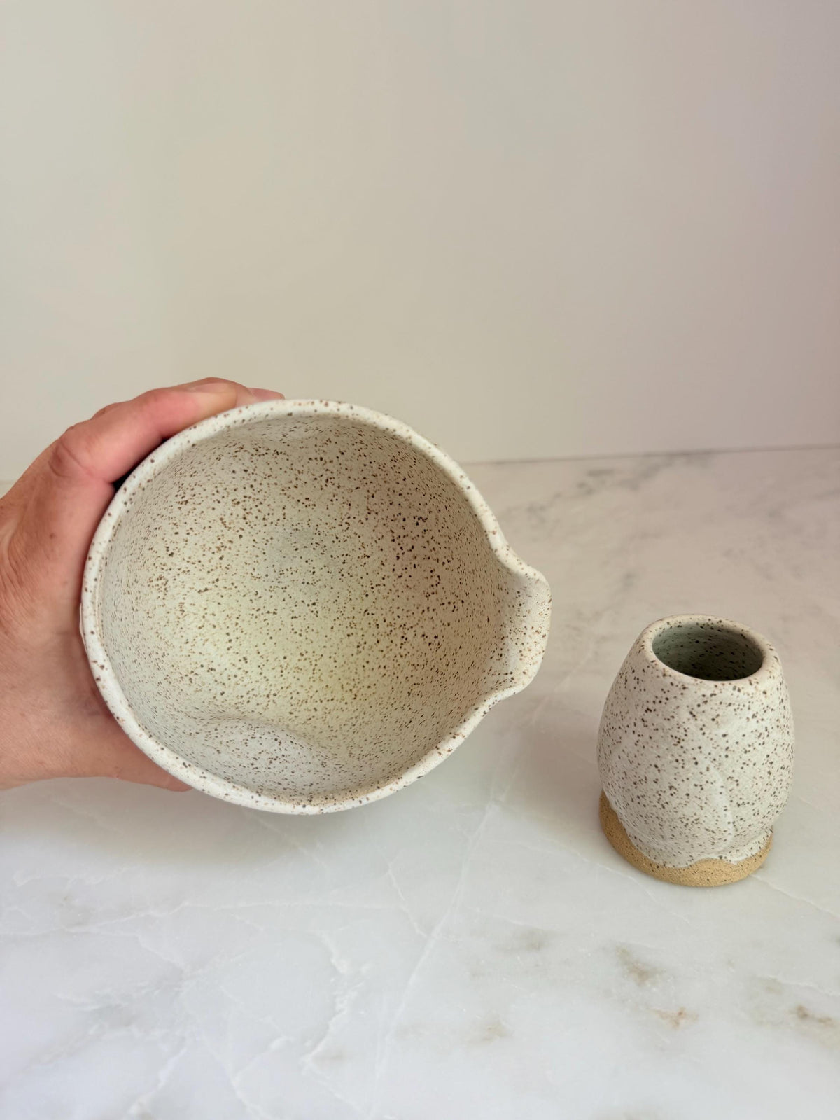 Handmade Ceramic Matcha Bowl and Whisk Holder Set - Speckled Oatmeal