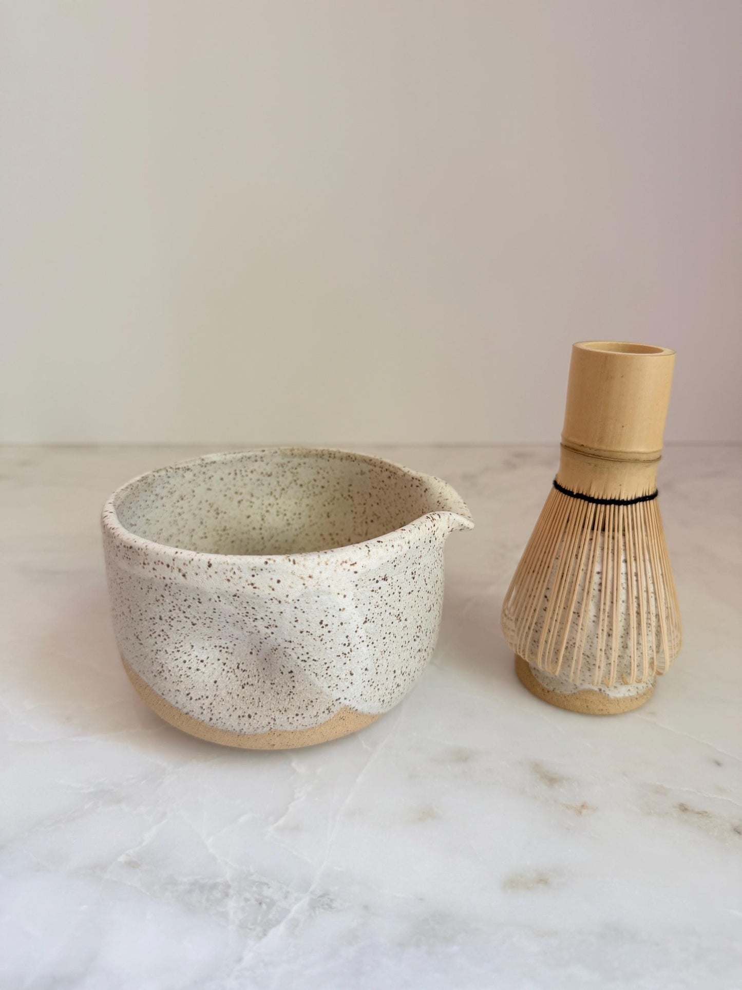 Handmade Ceramic Matcha Bowl and Whisk Holder Set - Speckled Oatmeal