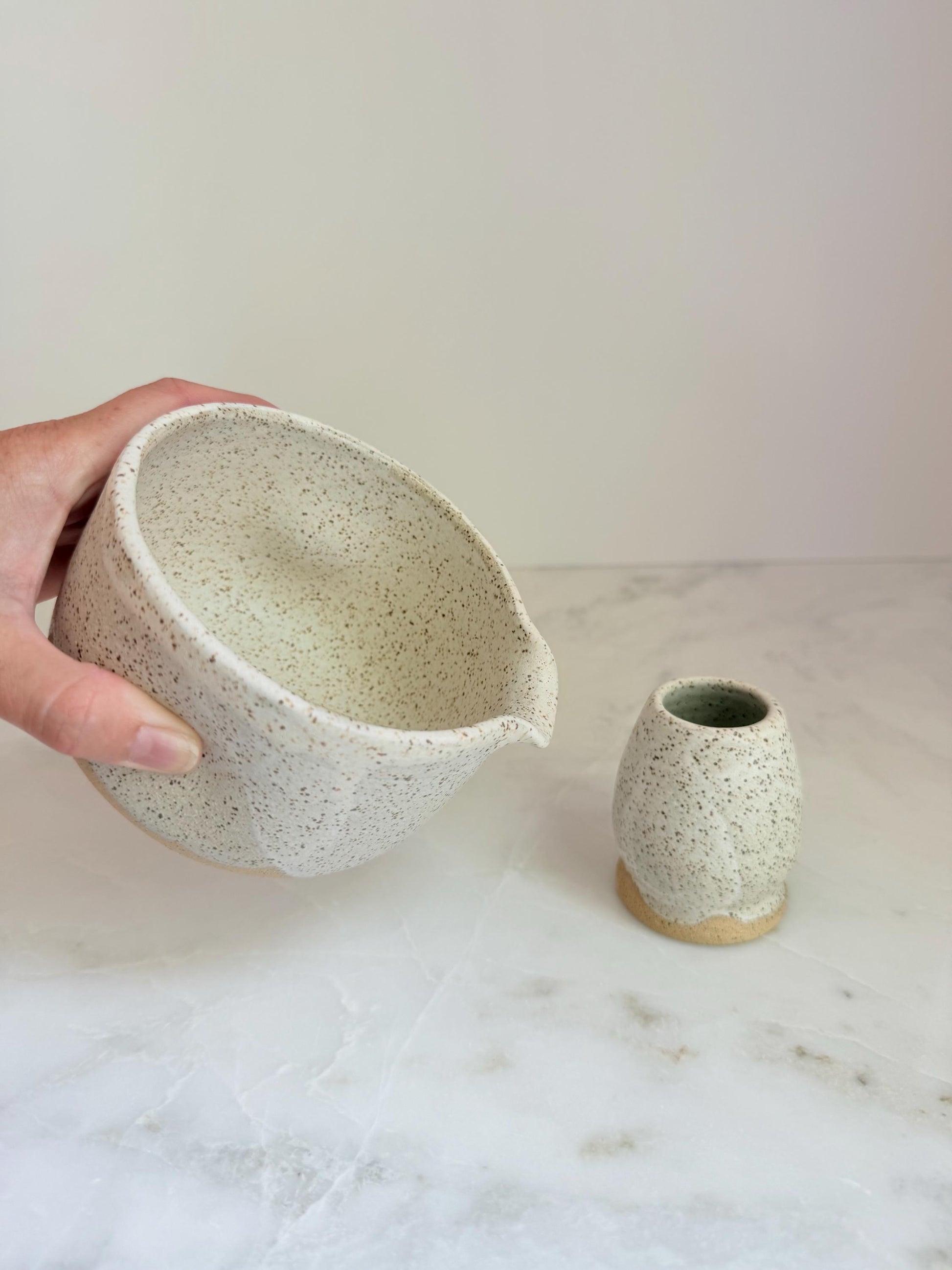 Handmade Ceramic Matcha Bowl and Whisk Holder Set - Speckled Oatmeal