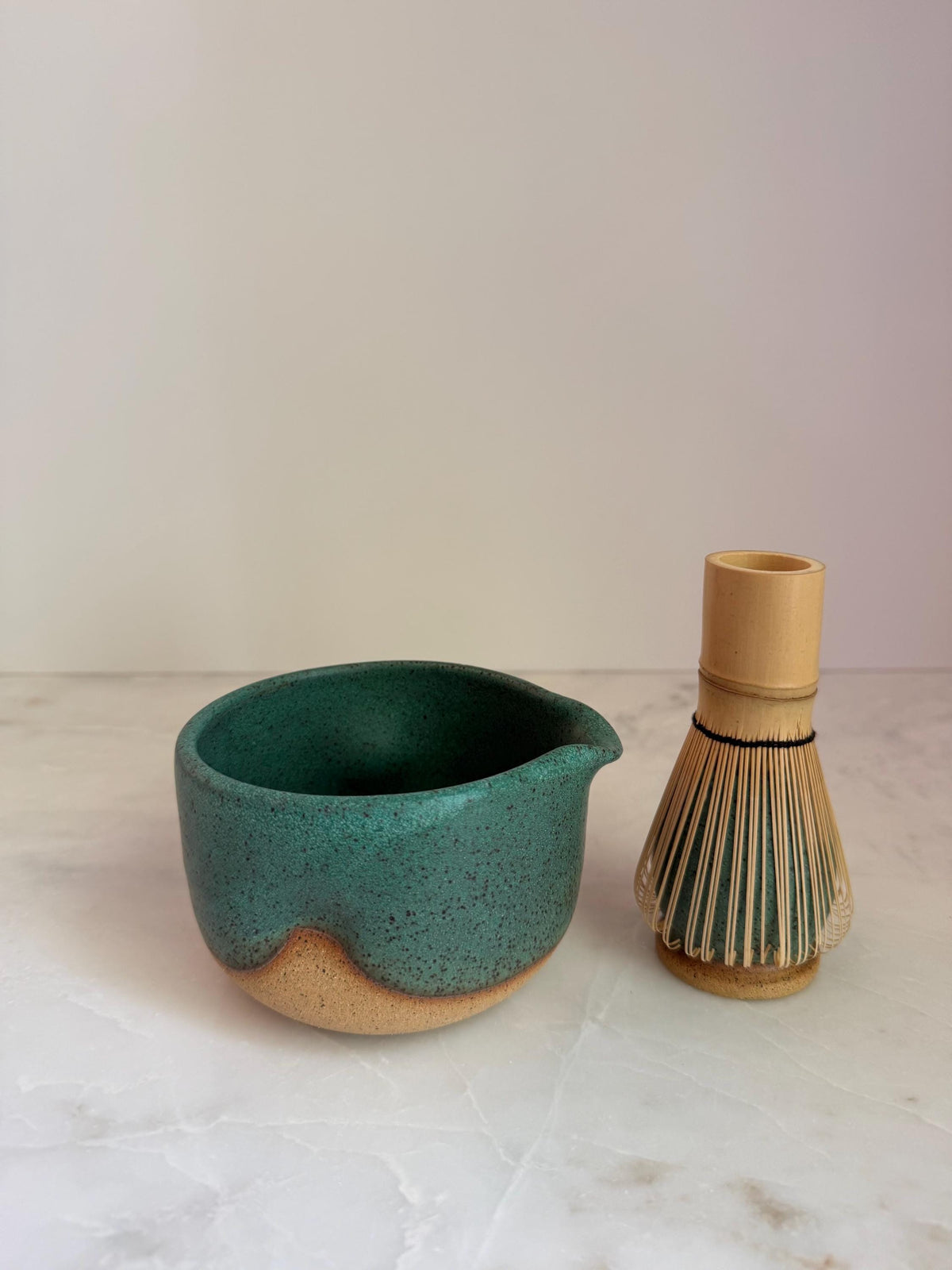 Handmade Ceramic Matcha Bowl and Whisk Holder Set - Speckled Green