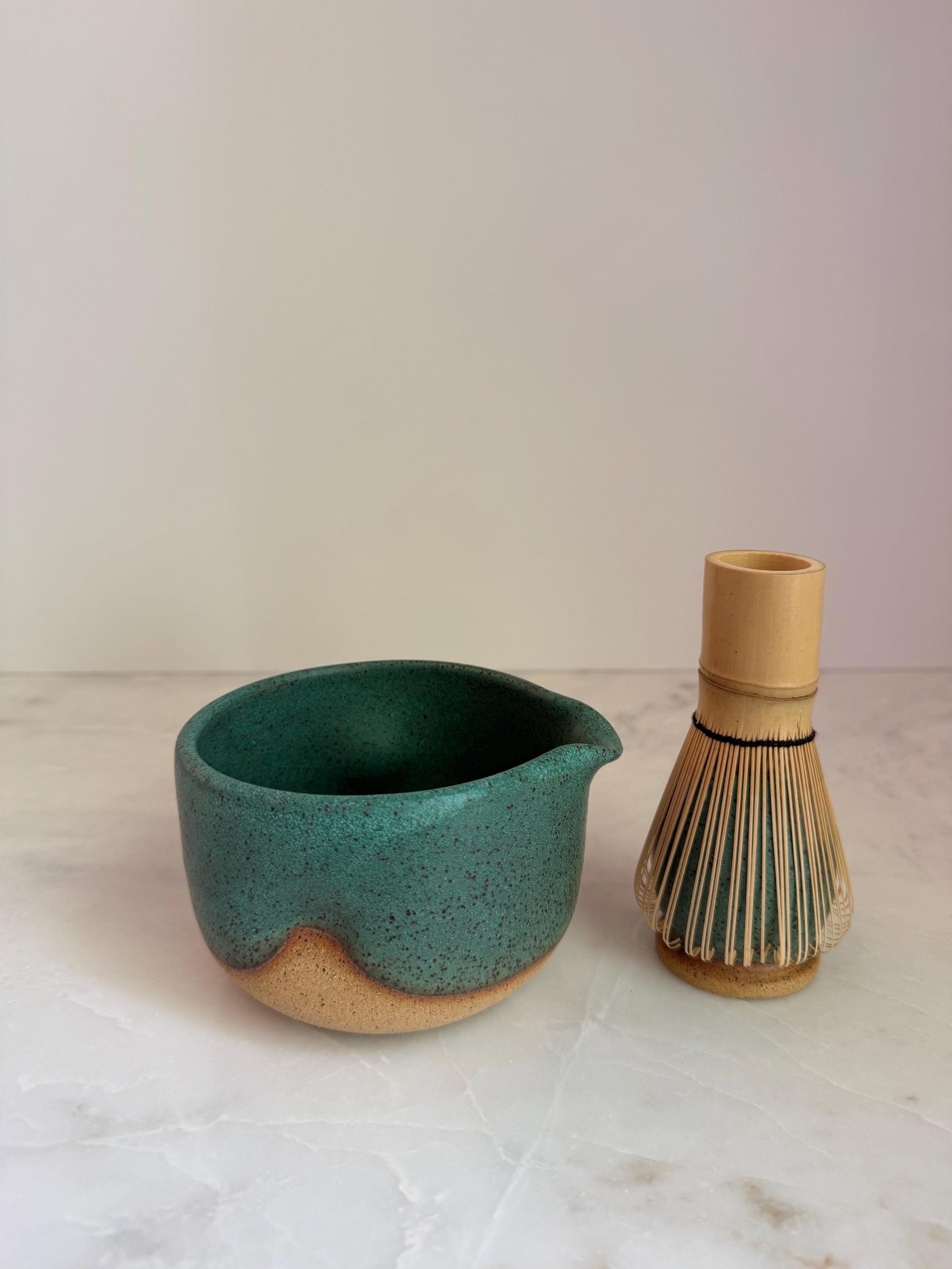 Handmade Ceramic Matcha Bowl and Whisk Holder Set - Speckled Green