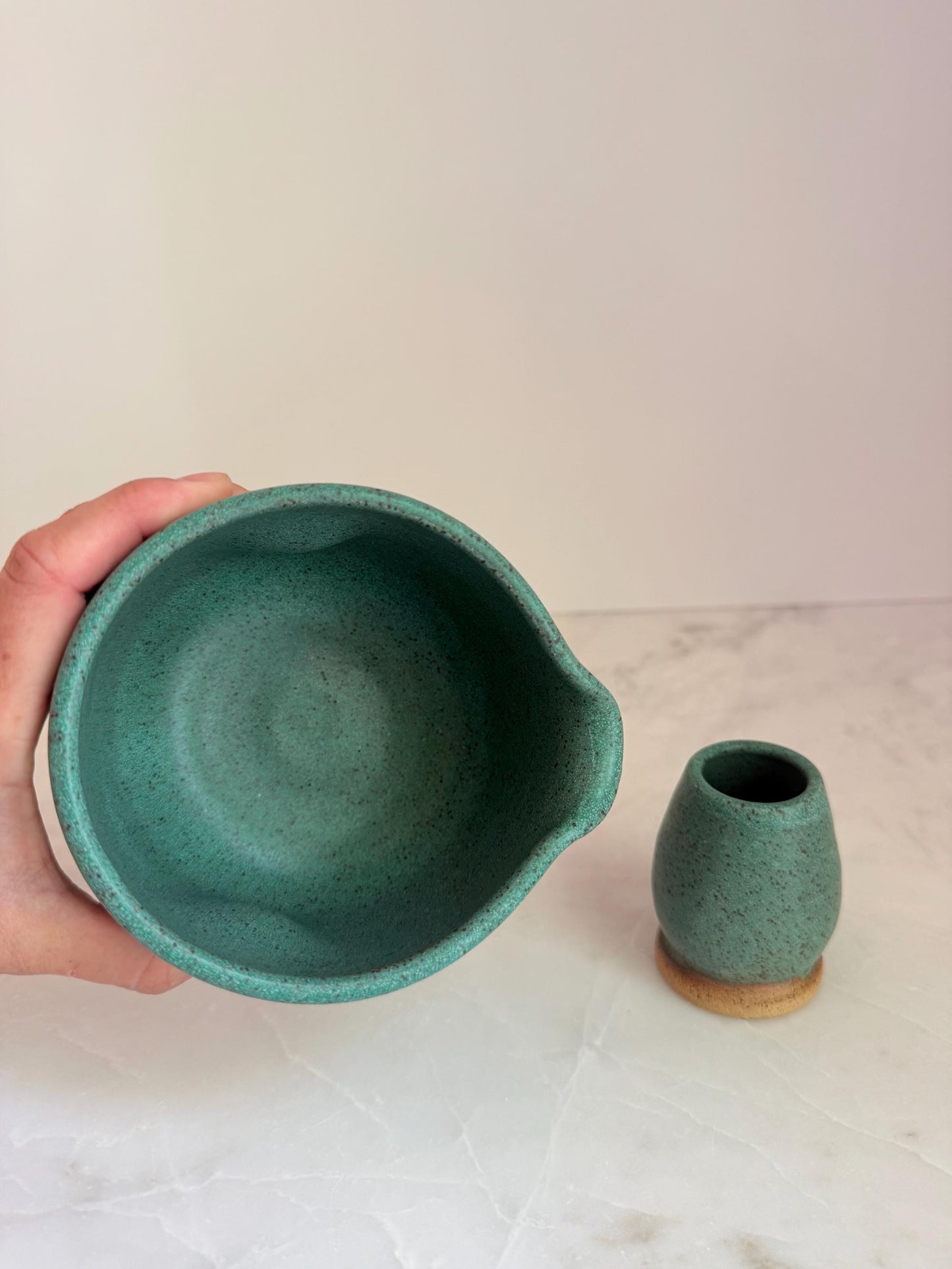 Handmade Ceramic Matcha Bowl and Whisk Holder Set - Speckled Green