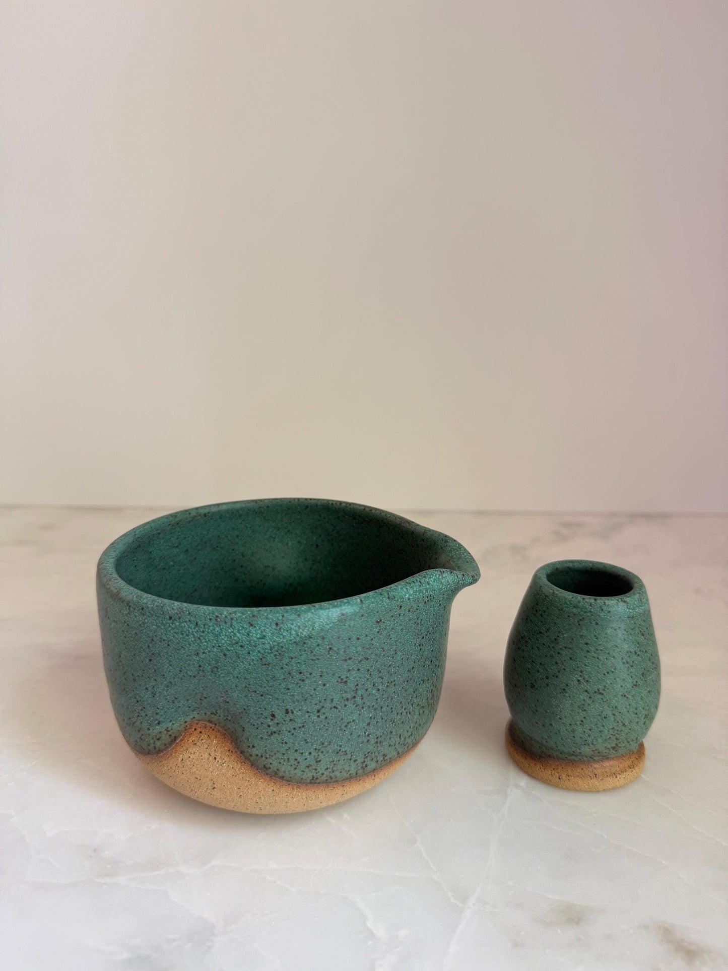 Handmade Ceramic Matcha Bowl and Whisk Holder Set - Speckled Green