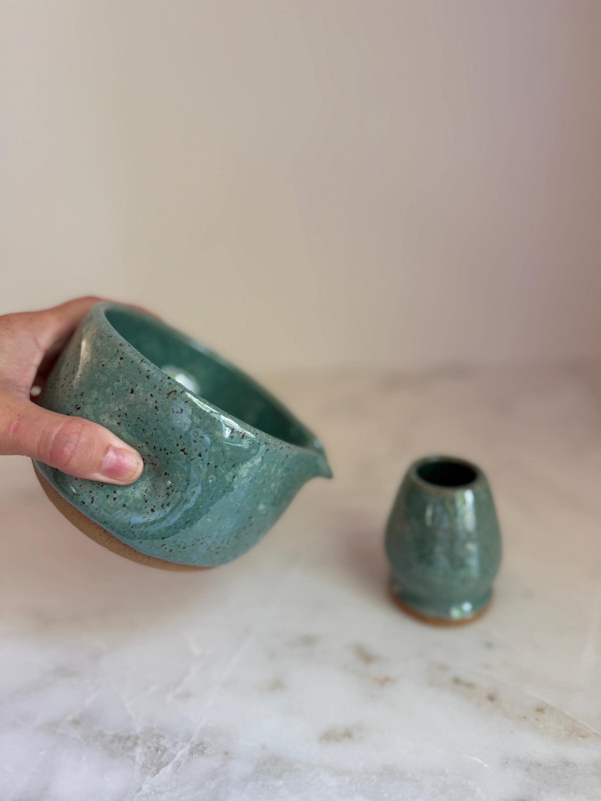 Handmade Ceramic Matcha Bowl and Whisk Holder Set - Seafoam