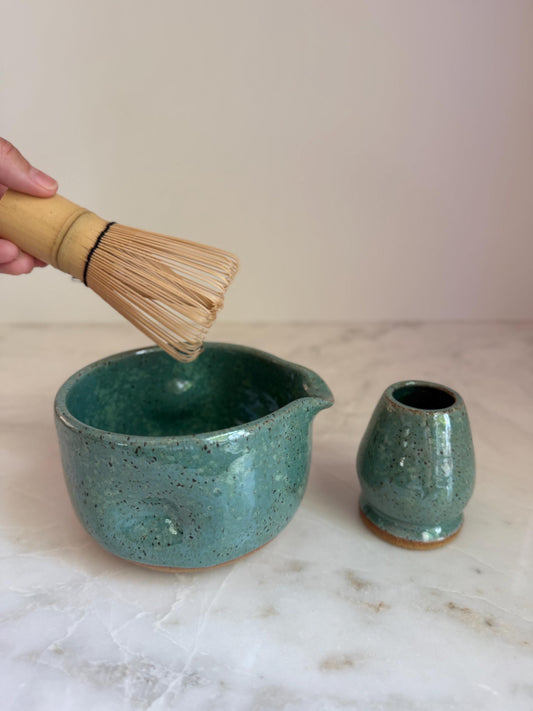 Handmade Ceramic Matcha Bowl and Whisk Holder Set - Seafoam