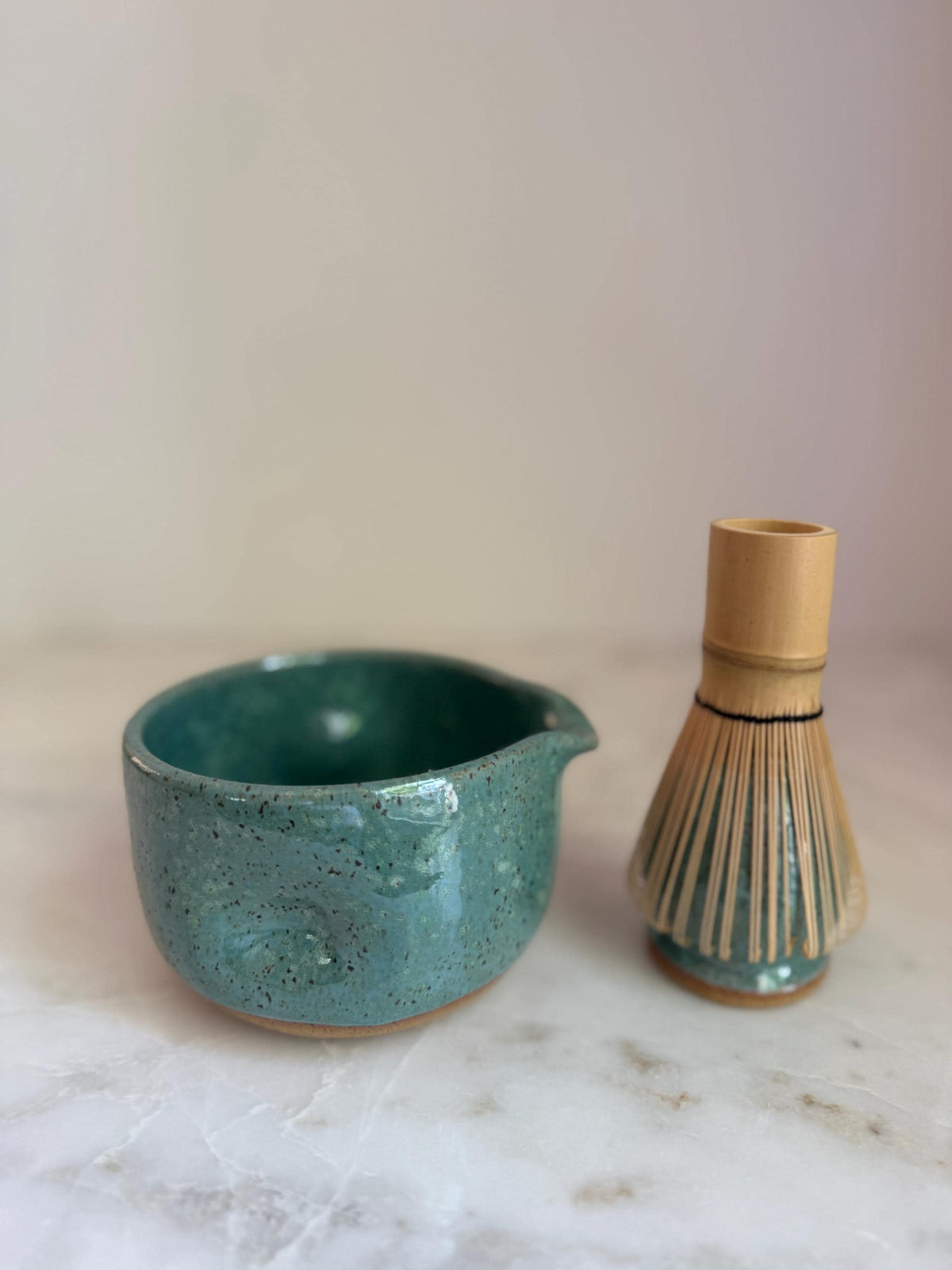 Handmade Ceramic Matcha Bowl and Whisk Holder Set - Seafoam