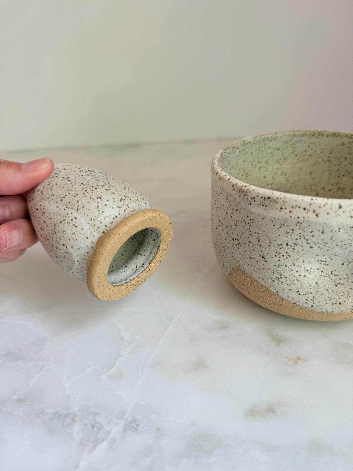 Handmade Ceramic Matcha Bowl and Whisk Holder Set - Speckled Oatmeal
