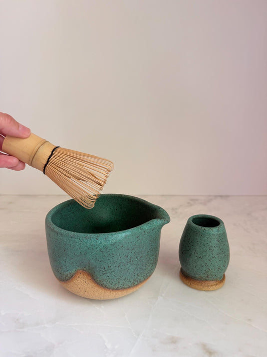 Handmade Ceramic Matcha Bowl and Whisk Holder Set - Speckled Green
