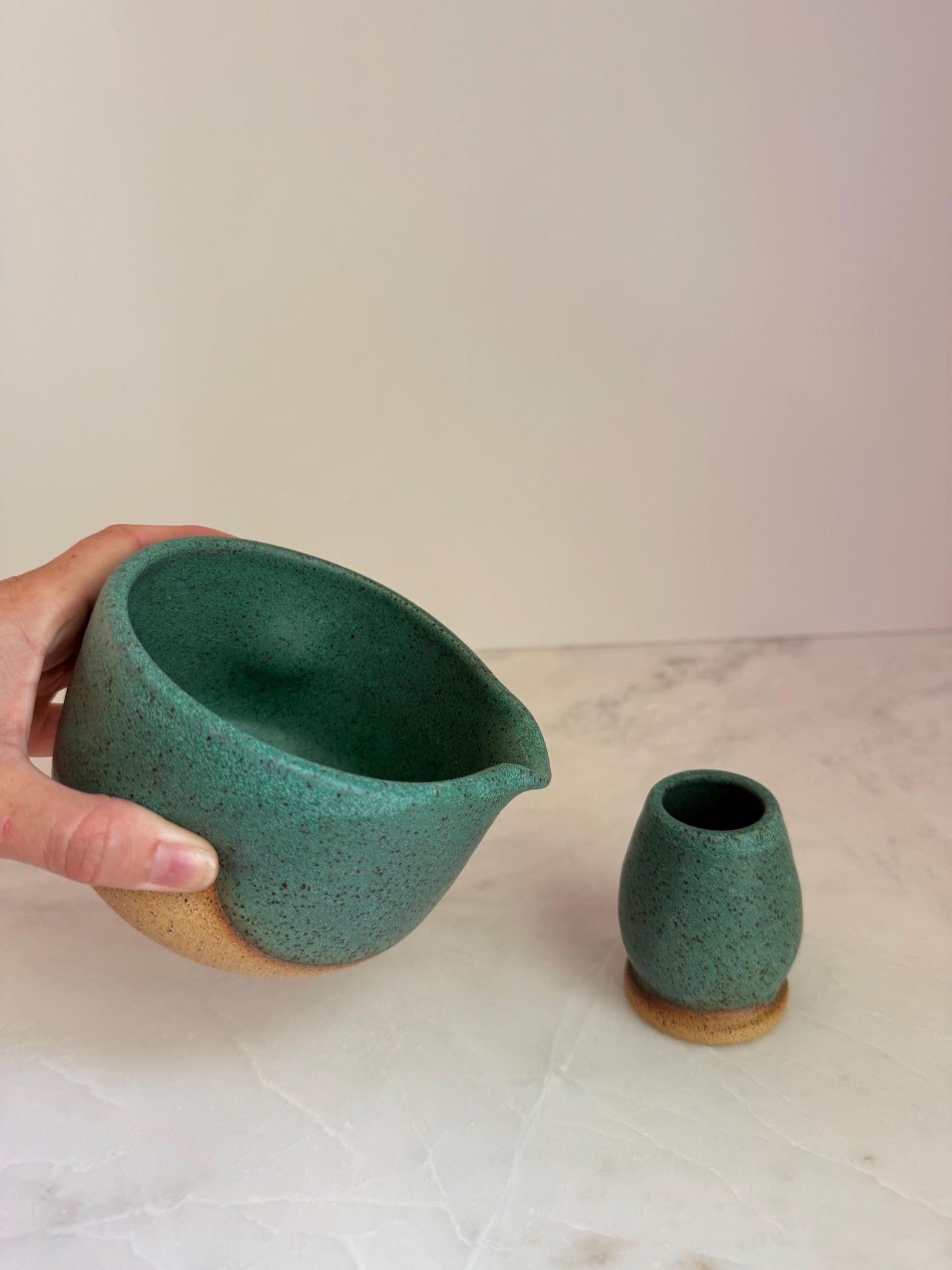 Handmade Ceramic Matcha Bowl and Whisk Holder Set - Speckled Green