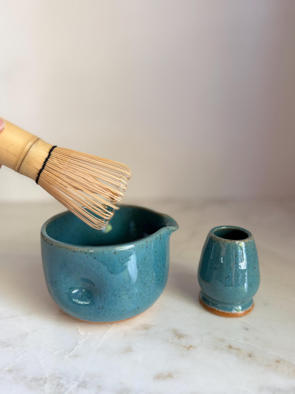 Handmade Ceramic Matcha Bowl and Whisk Holder Set - Robins Egg