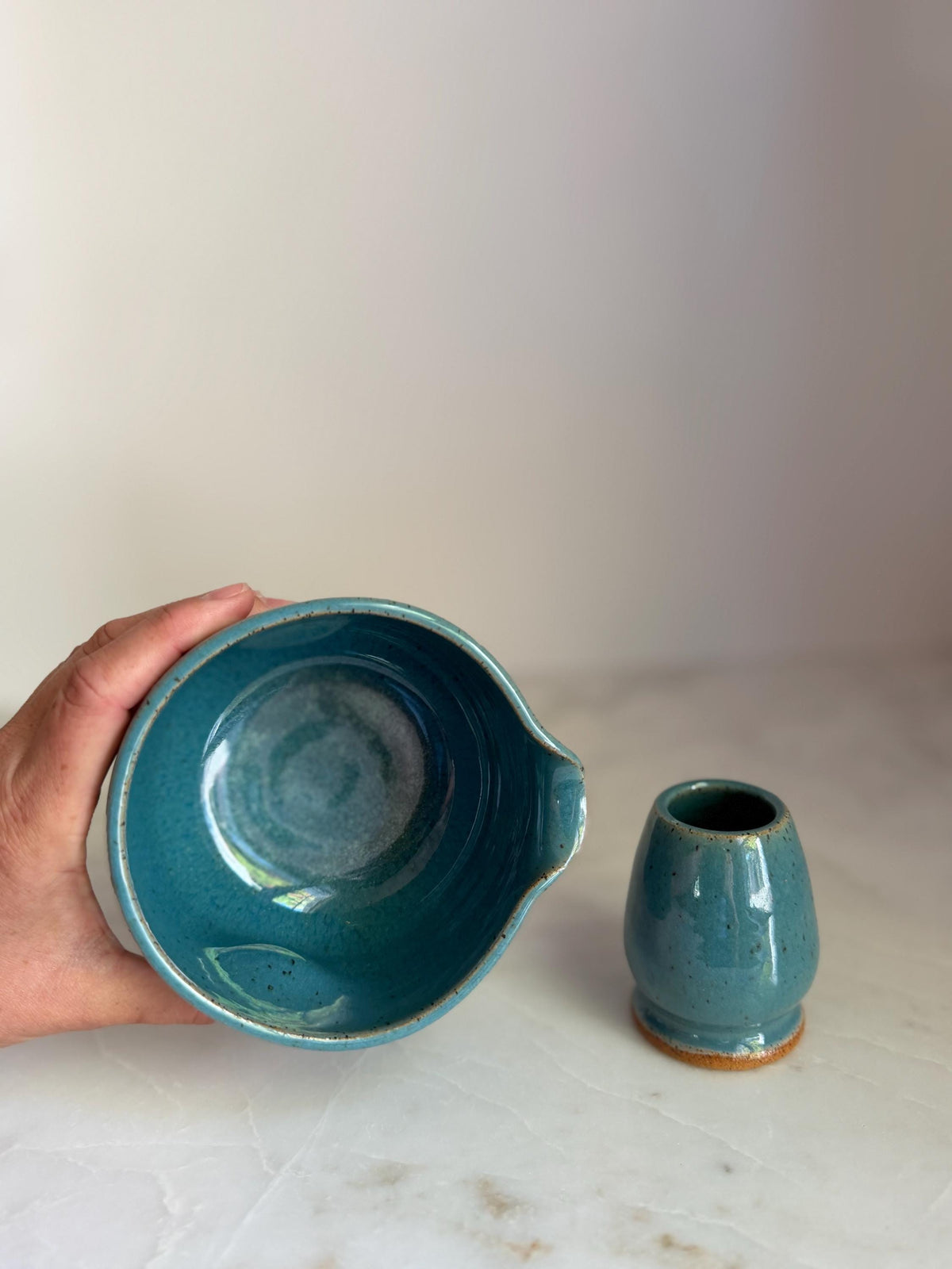 Handmade Ceramic Matcha Bowl and Whisk Holder Set - Robins Egg