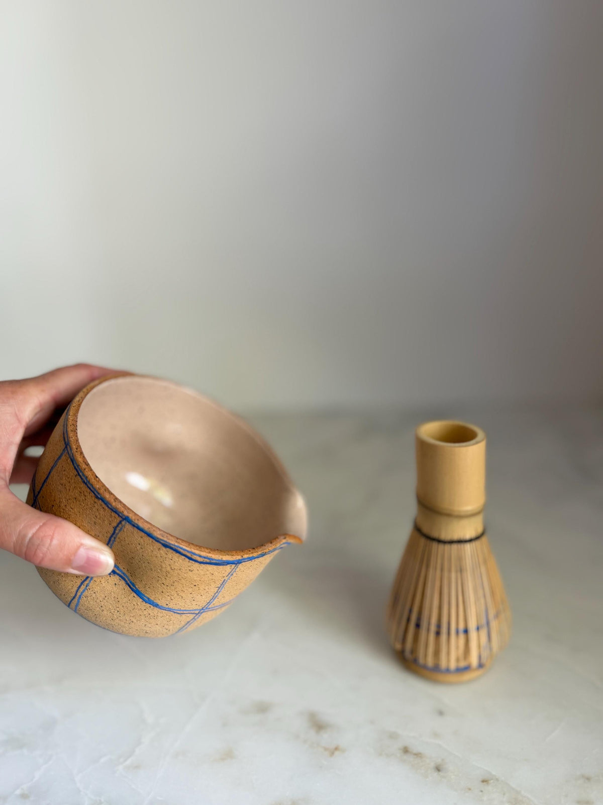 Handmade Ceramic Matcha Bowl and Whisk Holder Set - Blue Plaid