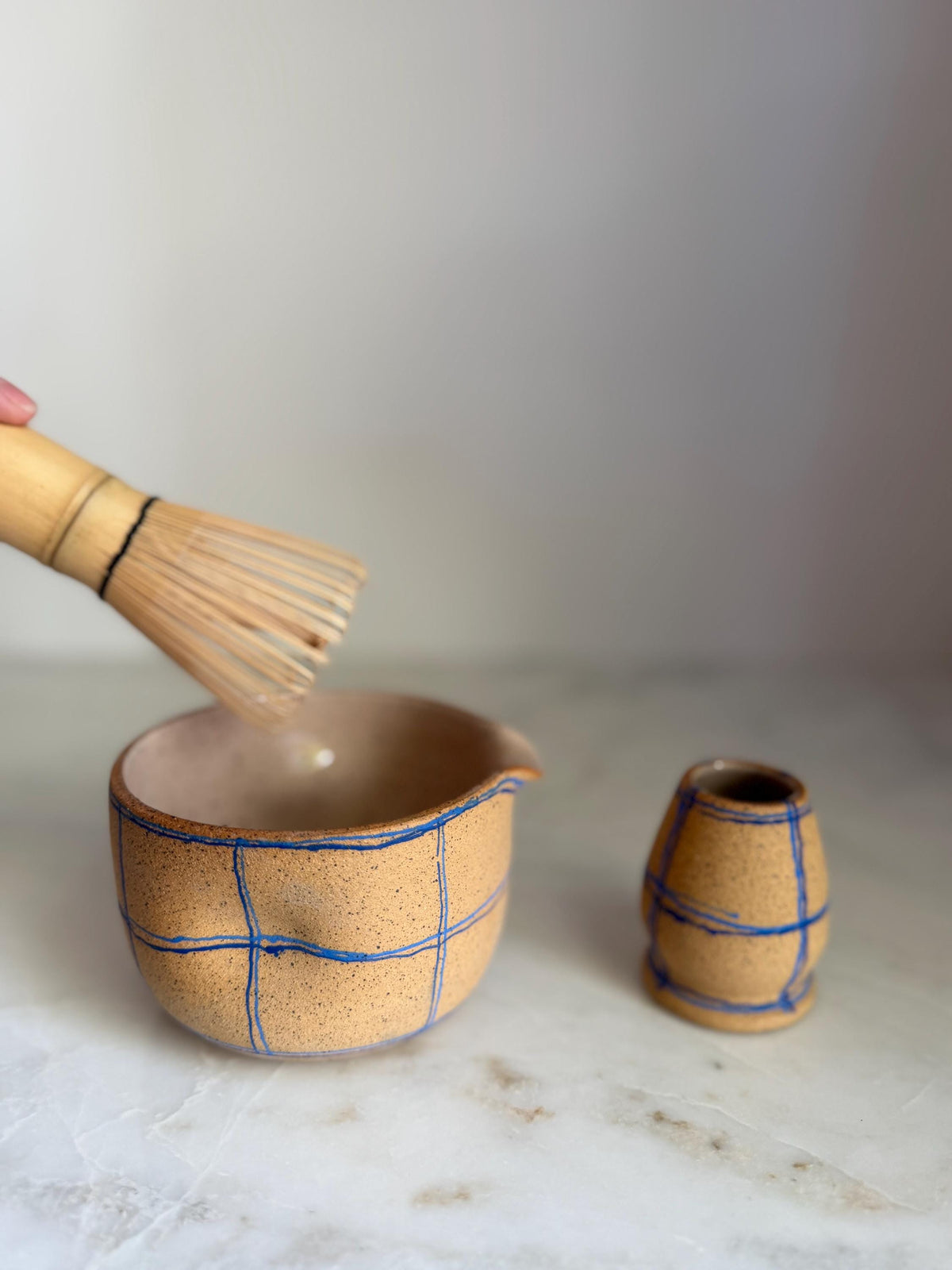 Handmade Ceramic Matcha Bowl and Whisk Holder Set - Blue Plaid