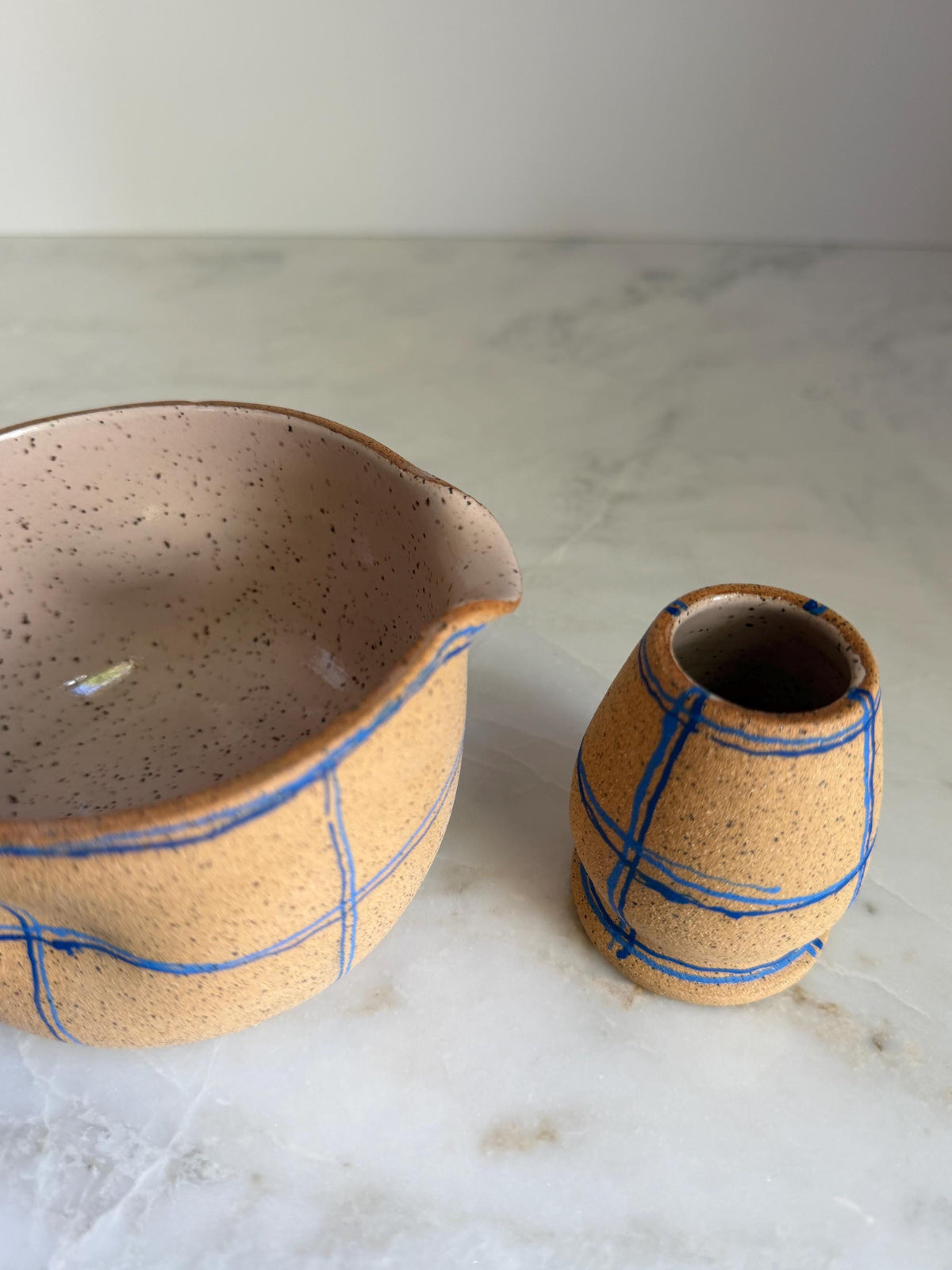 Handmade Ceramic Matcha Bowl and Whisk Holder Set - Blue Plaid