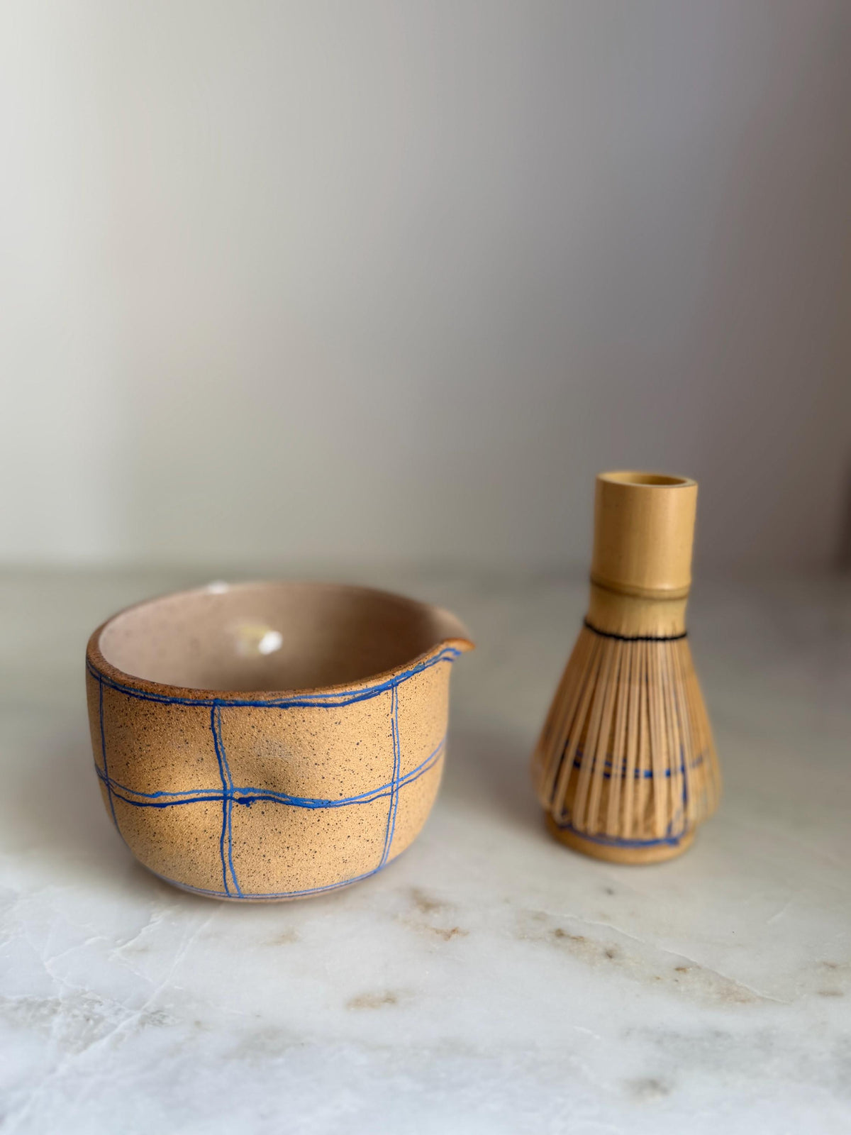 Handmade Ceramic Matcha Bowl and Whisk Holder Set - Blue Plaid