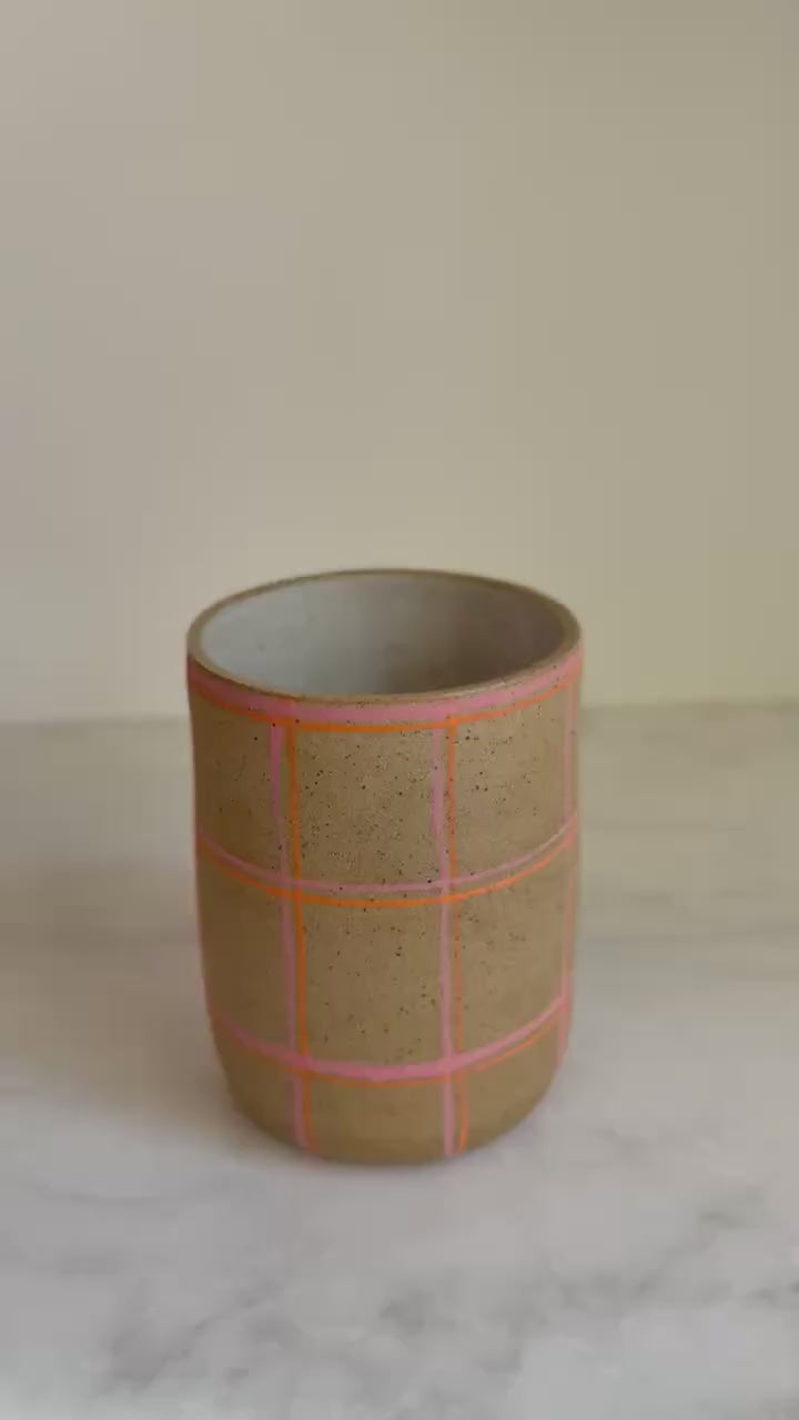 Ceramic Plaid Utensil Holder/Vase - Pink/Orange