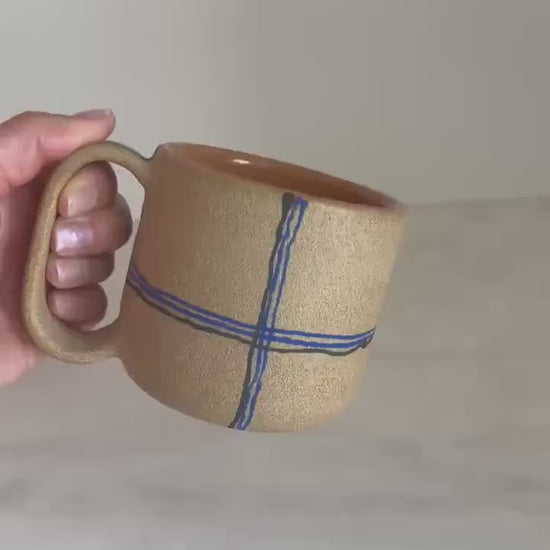 Handmade Cermic Mug Oval Handle / Plaid