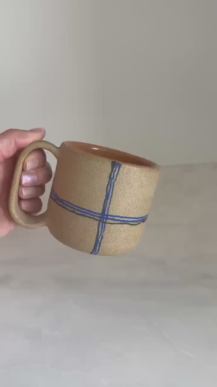 Handmade Cermic Mug Oval Handle / Plaid