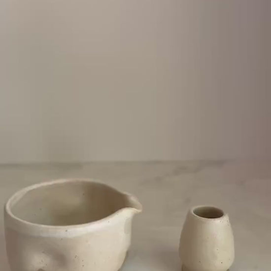 Handmade Ceramic Matcha Bowl and Whisk Holder Set - Oatmeal