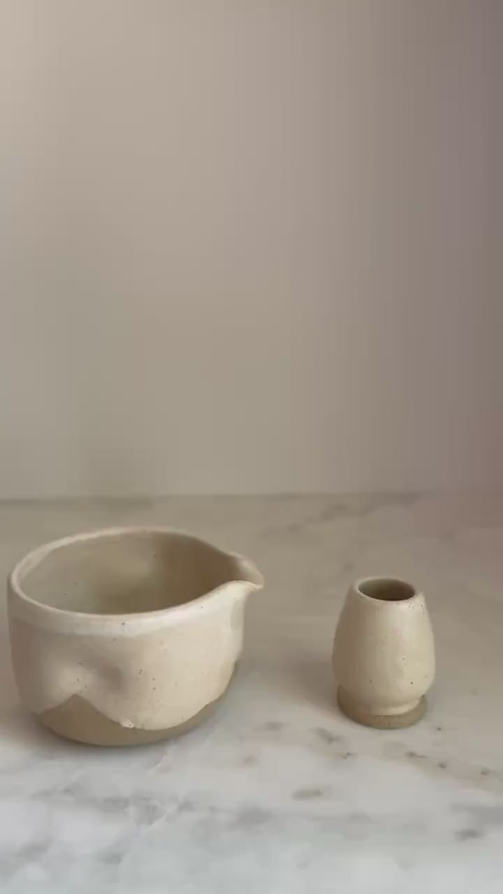Handmade Ceramic Matcha Bowl and Whisk Holder Set - Oatmeal