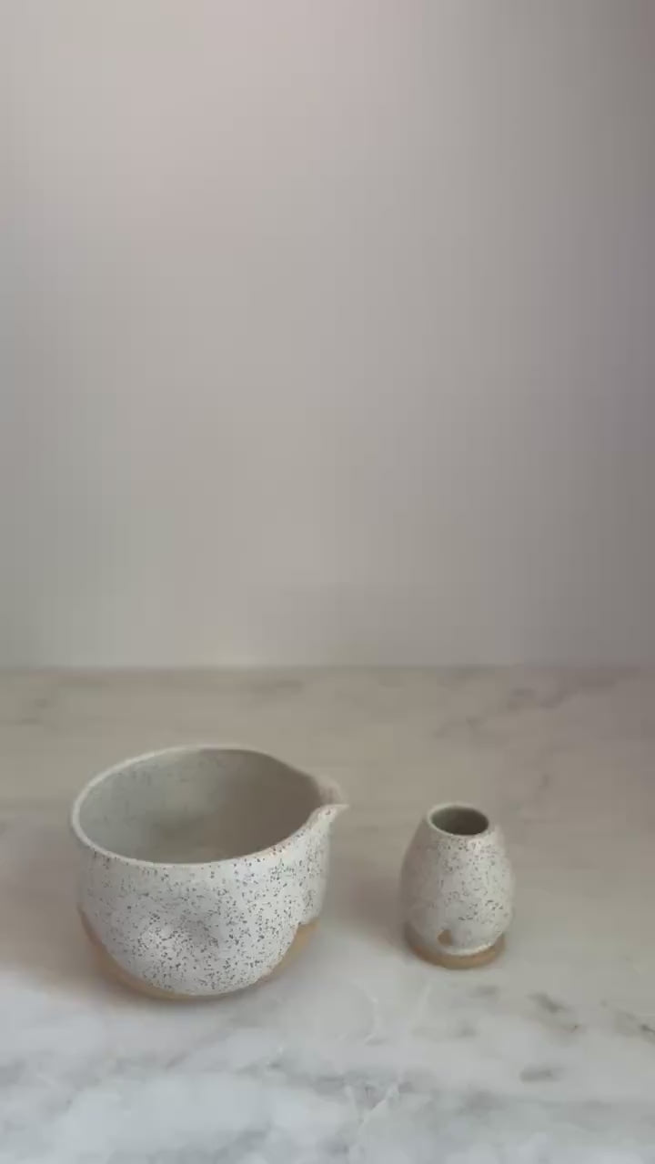 Handmade Ceramic Matcha Bowl and Whisk Holder Set - Speckled Oatmeal