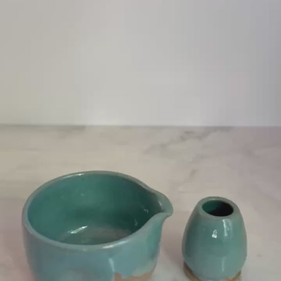 Handmade Ceramic Matcha Bowl and Whisk Holder Set - Seafoam