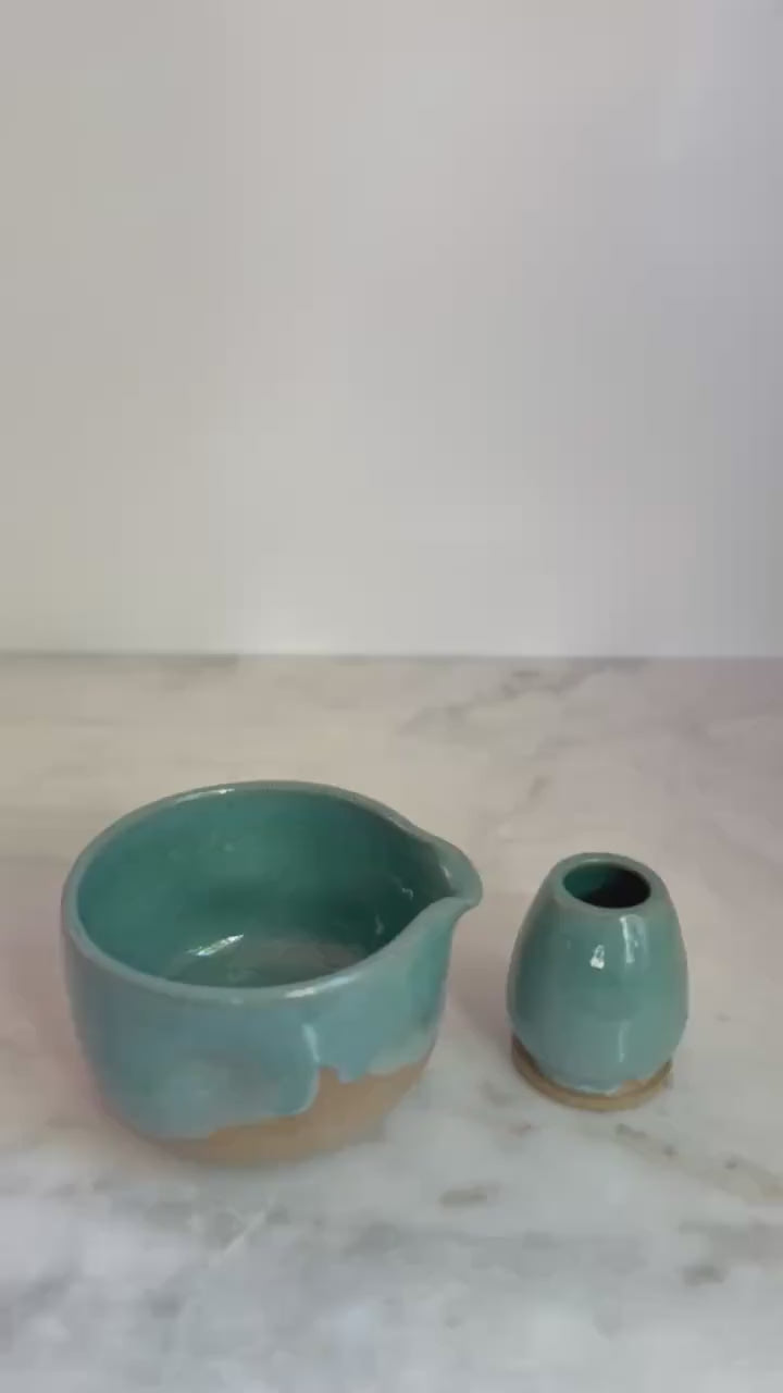 Handmade Ceramic Matcha Bowl and Whisk Holder Set - Seafoam