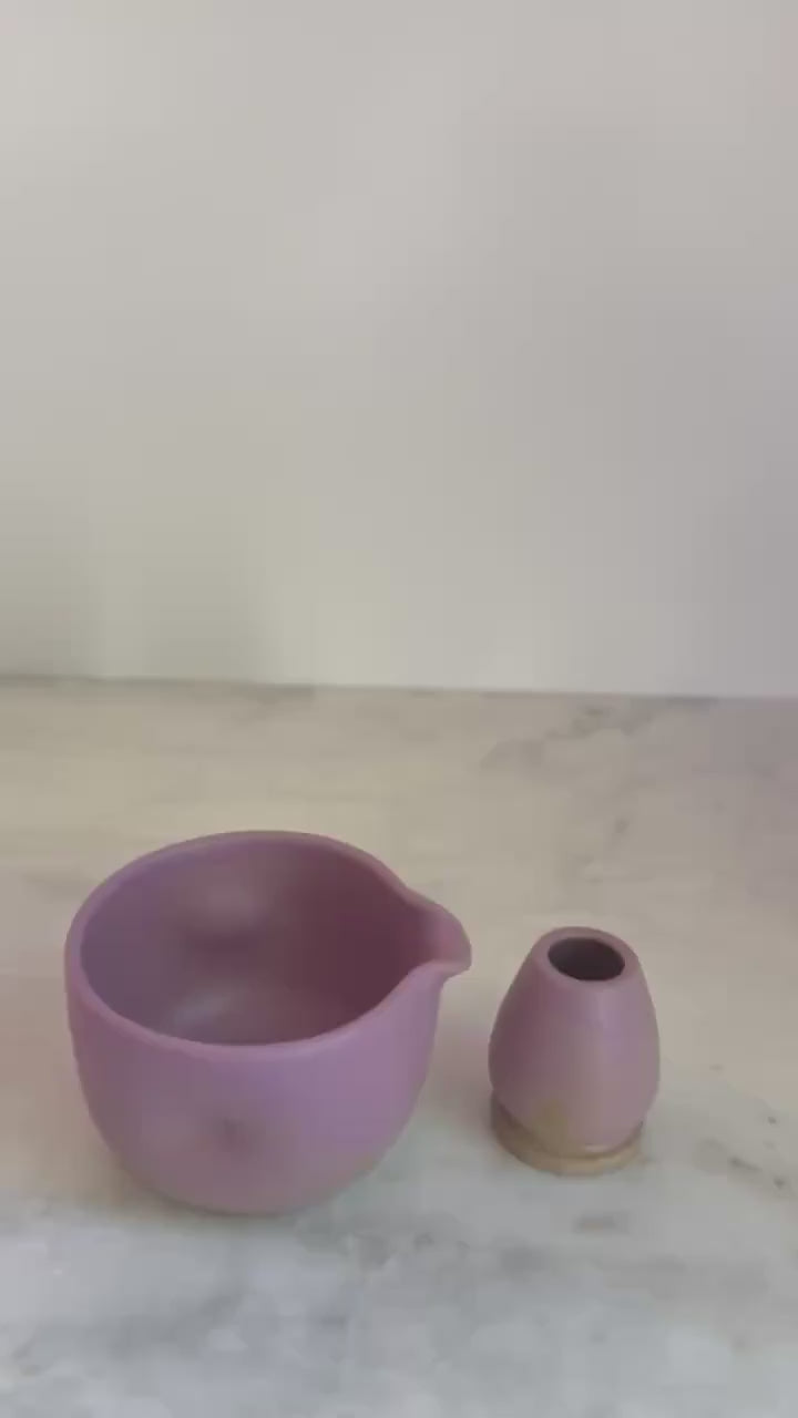 Handmade Ceramic Matcha Bowl and Whisk Holder Set - Lavender