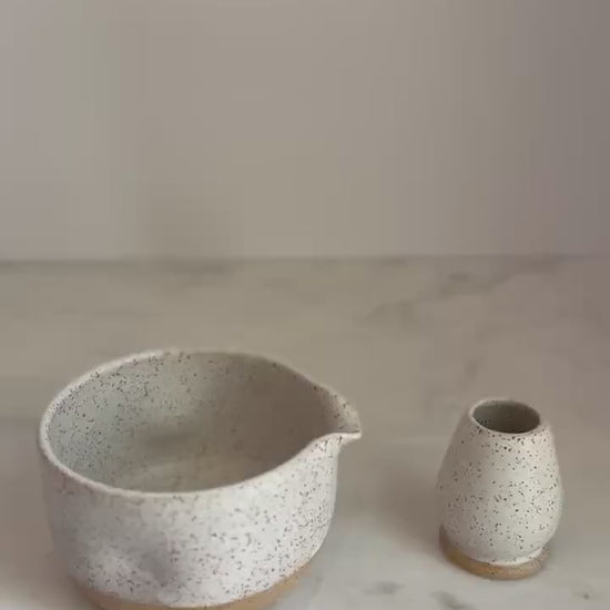 Handmade Ceramic Matcha Bowl and Whisk Holder Set - Speckled Oatmeal Dipped