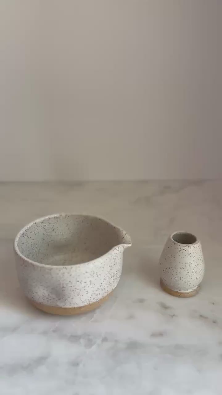 Handmade Ceramic Matcha Bowl and Whisk Holder Set - Speckled Oatmeal Dipped