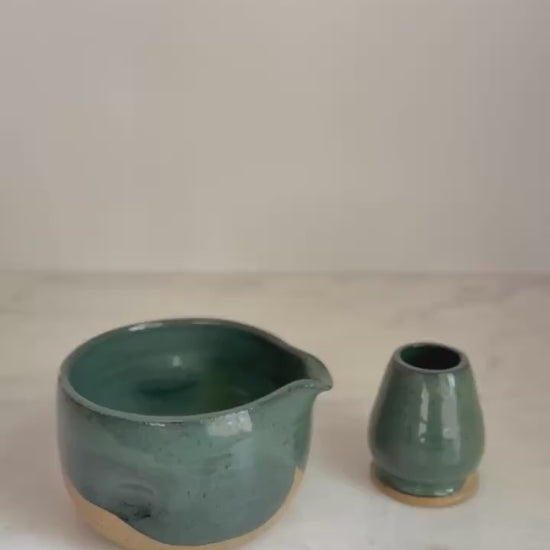 Handmade Ceramic Matcha Bowl and Whisk Holder Set - Peacock