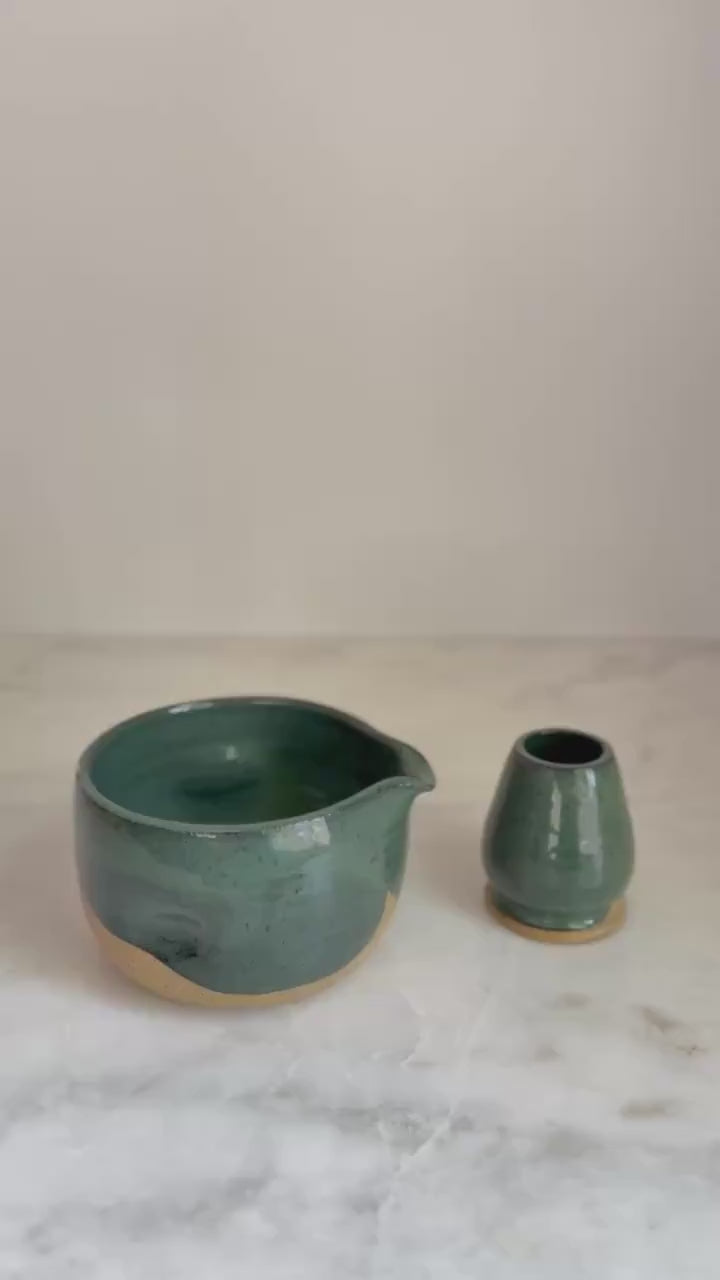 Handmade Ceramic Matcha Bowl and Whisk Holder Set - Peacock
